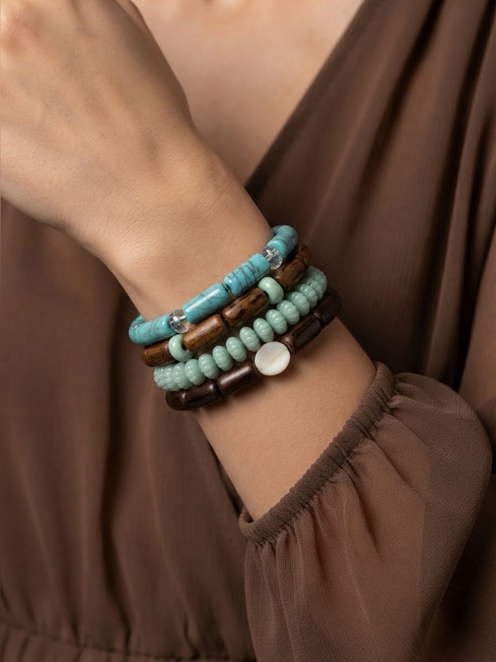 Boho Turquoise Wood Stretch Bracelet Stack